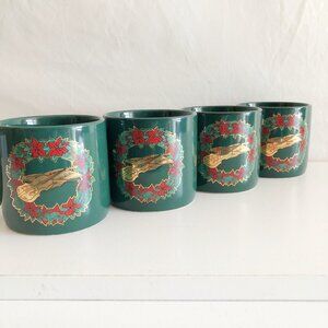Vintage 90s Deep Hunter Green Holiday Mugs Poinsettia Wreath